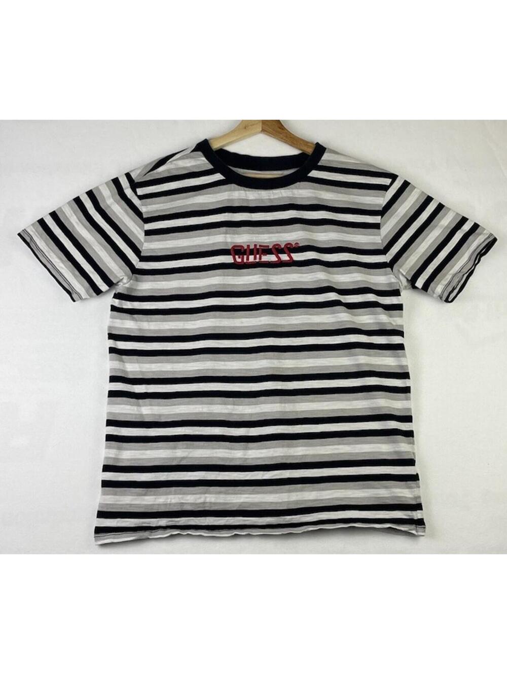 GUESS Originals Black Gray White Striped Embroidered Red Logo T shirt Mens Sz S
